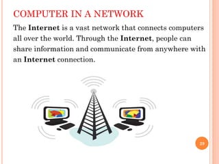 COMPUTER IN A NETWORK
The Internet is a vast network that connects computers
all over the world. Through the Internet, people can
share information and communicate from anywhere with
an Internet connection.
29
 