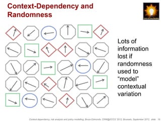 Context-Dependency and
Randomness


                                                                                      Lots of
                                                                                      information
                                                                                      lost if
                                                                                      randomness
                                                                                      used to
                                                                                      “model”
                                                                                      contextual
                                                                                      variation


     Context-dependency, risk analysis and policy modelling, Bruce Edmonds, CRW@ECCS ’2012, Brussels, September 2012, slide 19
 