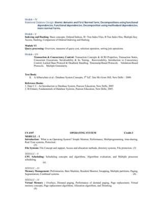 Module – IV
Relational Database Design: Atomic domains and First Normal form, Decompositions using functional
dependencies, Functional dependencies, Decomposition using multivalued dependencies,
more normal forms.
Module – V
Indexing and Hashing: Basic concepts, Ordered Indices, B+ Tree Index Files, B Tree Index files, Multiple Key
Access, Hashing, Comparison of Ordered Indexing and Hashing
Module VI
Query processing- Overview, measures of query cost, selection operation, sorting join operations
Module – VII
Transaction & Concurrency Control: Transaction Concepts & ACID Properties, Transaction States,
Concurrent Executions, Serializability & Its Testing, Recoverability, Introduction to Concurrency
Control, Locked Base Protocol & Deadlock Handling. Timestamp-Based Protocols. Validation-Based
Protocols. Multiple Granularity.
Text Book:
1. A.Silberschatz et.al - Database System Concepts, 5th
Edn
, Tata Mc-Graw Hill, New Delhi – 2000.
Reference Books:
1. Date C.J. - An Introduction to Database System, Pearson Education, New Delhi, 2005
2. R.Elmasri, Fundamentals of Database Systems, Pearson Education, New Delhi, 2005.
CS 4107 OPERATING SYSTEM Credit-3
MODULE – I
Introduction: What is an Operating System? Simple Monitor, Performance, Multiprogramming, time-sharing,
Real Time systems, Protection.
(5)
File Systems: File Concept and support, Access and allocation methods, directory systems, File protection. (3)
MODULE – II
CPU Scheduling: Scheduling concepts and algorithms, Algorithms evaluation, and Multiple processor
scheduling.
(6)
MODULE – III
Memory Management: Preliminaries, Bare Machine, Resident Monitor, Swapping, Multiple partitions, Paging,
Segmentation, Combined systems. (8)
MODULE – IV
Virtual Memory : Overlays, Demand paging, Performance of demand paging, Page replacement, Virtual
memory concepts, Page replacement algorithms, Allocation algorithms, and Thrashing.
(8)
 