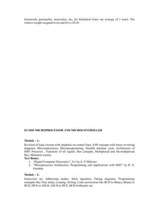 homework, punctuality, motivation, etc; (b) Periodical testes (an average of 3 tests). The
relative weight assigned to (a) and (b) is 20:20.
EC4205 MICROPROCESSOR AND MICROCONTROLLER
Module – 1:
Revision of logic circuits with emphasis on control lines, SAP concepts with stress on timing
diagrams, Microinstructions, Microprogramming, Variable machine cycle, Architecture of
8085 Processor , Functions of all signals, Bus concepts, Multiplexed and De-multiplexed
Bus, Minimum system.
Text Books:
1. “Digital Computer Electronics”, 2/e. byA. P. Malvino.
2. “Microprocessor Architecture, Programming and Applications with 8085” by R. S.
Gaonkar.
Module – 2:
Instruction set, Addressing modes, Stack operation, Timing diagrams, Programming
examples like Time delay, Looping, Sorting, Code conversions like BCD to Binary, Binary to
BCD, HEX to ASCII, ASCII to HEX, BCD Arithmetic etc.
 