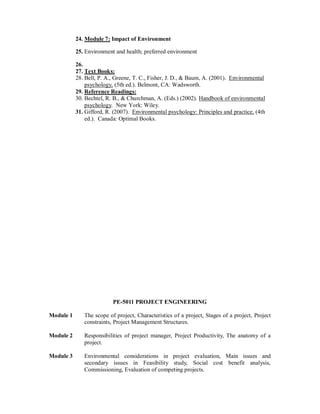 24. Module 7: Impact of Environment
25. Environment and health; preferred environment
26.
27. Text Books:
28. Bell, P. A., Greene, T. C., Fisher, J. D., & Baum, A. (2001). Environmental
psychology, (5th ed.). Belmont, CA: Wadsworth.
29. Reference Readings:
30. Bechtel, R. B., & Churchman, A. (Eds.) (2002). Handbook of environmental
psychology. New York: Wiley.
31. Gifford, R. (2007). Environmental psychology: Principles and practice, (4th
ed.). Canada: Optimal Books.
PE-5011 PROJECT ENGINEERING
Module 1 The scope of project, Characteristics of a project, Stages of a project, Project
constraints, Project Management Structures.
Module 2 Responsibilities of project manager, Project Productivity, The anatomy of a
project.
Module 3 Environmental considerations in project evaluation, Main issues and
secondary issues in Feasibility study, Social cost benefit analysis,
Commissioning, Evaluation of competing projects.
 