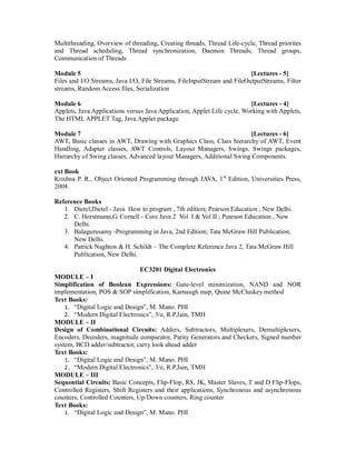 Multithreading, Overview of threading, Creating threads, Thread Life-cycle, Thread priorites
and Thread scheduling, Thread synchronization, Daemon Threads, Thread groups,
Communication of Threads
Module 5 [Lectures - 5]
Files and I/O Streams, Java I/O, File Streams, FileInputStream and FileOutputStreams, Filter
streams, Random Access files, Serialization
Module 6 [Lectures - 4]
Applets, Java Applications versus Java Application, Applet Life cycle, Working with Applets,
The HTML APPLET Tag, Java.Applet package
Module 7 [Lectures - 6]
AWT, Basic classes in AWT, Drawing with Graphics Class, Class hierarchy of AWT, Event
Handling, Adapter classes, AWT Controls, Layout Managers, Swings, Swings packages,
Hierarchy of Swing classes, Advanced layout Managers, Additional Swing Components.
ext Book
Krishna P. R., Object Oriented Programming through JAVA, 1st
Edition, Universities Press,
2008
Reference Books
1. Dietel,Dietel - Java How to program , 7th edition; Pearson Education , New Delhi.
2. C. Horstmann,G. Cornell - Core Java 2 Vol I & Vol II ; Pearson Education , New
Delhi.
3. Balagurusamy -Programming in Java, 2nd Edition; Tata McGraw Hill Publication;
New Delhi.
4. Patrick Naghton & H. Schildt – The Complete Reference Java 2, Tata McGraw Hill
Publication, New Delhi.
EC3201 Digital Electronics
MODULE – I
Simplification of Boolean Expressions: Gate-level minimization, NAND and NOR
implementation, POS & SOP simplification, Karnaugh map, Quine McCluskey method
Text Books:
1. “Digital Logic and Design”, M. Mano. PHI
2. “Modern Digital Electronics”, 3/e, R.P.Jain, TMH
MODULE – II
Design of Combinational Circuits: Adders, Subtractors, Multiplexers, Demultiplexers,
Encoders, Decoders, magnitude comparator, Parity Generators and Checkers, Signed number
system, BCD adder/subtractor, carry look ahead adder
Text Books:
1. “Digital Logic and Design”, M. Mano. PHI
2. “Modern Digital Electronics”, 3/e, R.P.Jain, TMH
MODULE – III
Sequential Circuits: Basic Concepts, Flip-Flop, RS, JK, Master Slaves, T and D Flip-Flops,
Controlled Registers, Shift Registers and their applications, Synchronous and asynchronous
counters, Controlled Counters, Up/Down counters, Ring counter
Text Books:
1. “Digital Logic and Design”, M. Mano. PHI
 