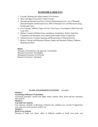ECONOMICS (MSH 1137)
1. Concept, Meaning and subject matters of Economics,
2. Micro and Macro Economics, Utility Concept,
3. Demand and Demand Functions- Concept, Determining Factors, Law of Demand,
Demand Schedule and Demand Curve, Shift of Demand Curve and Movement along
the Demand Curve,
4. Cost Concepts- Different Types of Costs, Cost Curves, Cost-Output in Short Term and
Long Term.
5. Market- Concept of Market forms according to Competition- Perfect, Imperfect
Competition and Monopoly. Price determination under Perfect Competition.
6. National Income- Concept, Meaning and Measurement of National Income.
7. Money- Concept and Meaning of Money, Supply and Demand of Money. Inflation-
Meaning and effect.
Books-
Principles of Economics- S.K.Agarwala- Excel Books
Busuness Economics- M.J.Mankar,
Managerial Economics- D.N.Dwedi
Business Economics- Atmanand
PE-5011 ENGINEERING ECONOMY (3Credits)
Module 1
Accounting of Business Transactions
Accounting principles, journal and ledger entries, balance sheet, profit and loss statement,
ratio analysis
Module 2
Cost and Cost Analysis
Cost structure, methods of allocating overhead costs, standard cost, concept of opportunity
cost, sunk cost, fixed cost and variable cost
Module 3
Break Even Analysis
Drawing of brake even charts, effect of different variable on break even point, cost
 