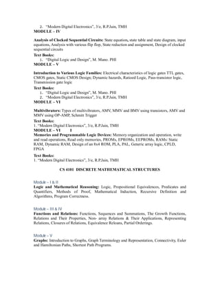 2. “Modern Digital Electronics”, 3/e, R.P.Jain, TMH
MODULE – IV
Analysis of Clocked Sequential Circuits: State equation, state table and state diagram, input
equations, Analysis with various flip flop, State reduction and assignment, Design of clocked
sequential circuits
Text Books:
1. “Digital Logic and Design”, M. Mano. PHI
MODULE – V
Introduction to Various Logic Families: Electrical characteristics of logic gates TTL gates,
CMOS gates, Static CMOS Design; Dynamic hazards, Ratioed Logic, Pass-transistor logic,
Transmission gate logic
Text Books:
1. “Digital Logic and Design”, M. Mano. PHI
2. “Modern Digital Electronics”, 3/e, R.P.Jain, TMH
MODULE – VI
Multivibrators: Types of multivibrators, AMV, MMV and BMV using transistors, AMV and
MMV using OP-AMP, Schmitt Trigger
Text Books:
1. “Modern Digital Electronics”, 3/e, R.P.Jain, TMH
MODULE – VI I
Memories and Programmable Logic Devices: Memory organization and operation, write
and read operations, Read only memories, PROMs, EPROMs, EEPROMs, RAMs: Static
RAM, Dynamic RAM, Design of an 8x4 ROM, PLA, PAL, Generic array logic, CPLD,
FPGA
Text Books:
1. “Modern Digital Electronics”, 3/e, R.P.Jain, TMH
CS 4101 DISCRETE MATHEMATICAL STRUCTURES
Module – I & II
Logic and Mathematical Reasoning: Logic, Propositional Equivalences, Predicates and
Quantifiers, Methods of Proof, Mathematical Induction, Recursive Definition and
Algorithms, Program Correctness.
Module – III & IV
Functions and Relations: Functions, Sequences and Summations, The Growth Functions,
Relations and Their Properties, Non- array Relations & Their Applications, Representing
Relations, Closures of Relations, Equivalence Reloans, Partial Orderings.
Module – V
Graphs: Introduction to Graphs, Graph Terminology and Representation, Connectivity, Euler
and Hamiltonian Paths, Shortest Path Programs.
 