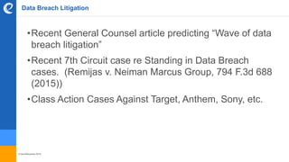 © benefitexpress 2016
Data Breach Litigation
•Recent General Counsel article predicting “Wave of data
breach litigation”
•Recent 7th Circuit case re Standing in Data Breach
cases. (Remijas v. Neiman Marcus Group, 794 F.3d 688
(2015))
•Class Action Cases Against Target, Anthem, Sony, etc.
 