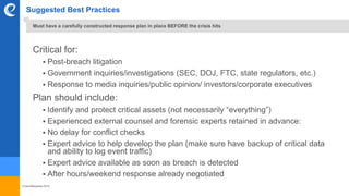 © benefitexpress 2016
Suggested Best Practices
Critical for:
 Post-breach litigation
 Government inquiries/investigations (SEC, DOJ, FTC, state regulators, etc.)
 Response to media inquiries/public opinion/ investors/corporate executives
Plan should include:
 Identify and protect critical assets (not necessarily “everything”)
 Experienced external counsel and forensic experts retained in advance:
 No delay for conflict checks
 Expert advice to help develop the plan (make sure have backup of critical data
and ability to log event traffic)
 Expert advice available as soon as breach is detected
 After hours/weekend response already negotiated
Must have a carefully constructed response plan in place BEFORE the crisis hits
 