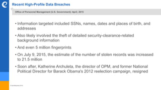 © benefitexpress 2016
Recent High-Profile Data Breaches
• Information targeted included SSNs, names, dates and places of birth, and
addresses
• Also likely involved the theft of detailed security-clearance-related
background information
• And even 5 million fingerprints
• On July 9, 2015, the estimate of the number of stolen records was increased
to 21.5 million
• Soon after, Katherine Archuleta, the director of OPM, and former National
Political Director for Barack Obama's 2012 reelection campaign, resigned
Office of Personnel Management (U.S. Government): April, 2015
 