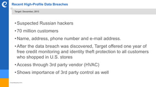 © benefitexpress 2016
Recent High-Profile Data Breaches
•Suspected Russian hackers
•70 million customers
•Name, address, phone number and e-mail address.
•After the data breach was discovered, Target offered one year of
free credit monitoring and identity theft protection to all customers
who shopped in U.S. stores
•Access through 3rd party vendor (HVAC)
•Shows importance of 3rd party control as well
Target: December, 2013
 