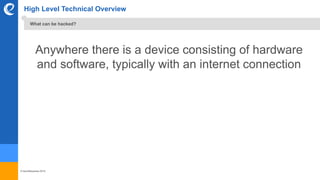 © benefitexpress 2016
High Level Technical Overview
Anywhere there is a device consisting of hardware
and software, typically with an internet connection
What can be hacked?
 