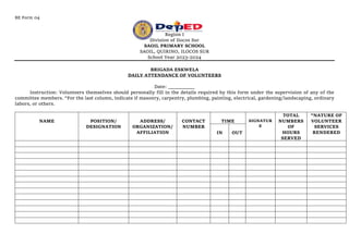 BE Form 04
Region I
Division of Ilocos Sur
SAOIL PRIMARY SCHOOL
SAOIL, QUIRINO, ILOCOS SUR
School Year 2023-2024
BRIGADA ESKWELA
DAILY ATTENDANCE OF VOLUNTEERS
Date: __________
Instruction: Volunteers themselves should personally fill in the details required by this form under the supervision of any of the
committee members. “For the last column, indicate if masonry, carpentry, plumbing, painting, electrical, gardening/landscaping, ordinary
labors, or others.
NAME POSITION/
DESIGNATION
ADDRESS/
ORGANIZATION/
AFFILIATION
CONTACT
NUMBER
TIME SIGNATUR
E
TOTAL
NUMBERS
OF
HOURS
SERVED
“NATURE OF
VOLUNTEER
SERVICES
RENDERED
IN OUT
 