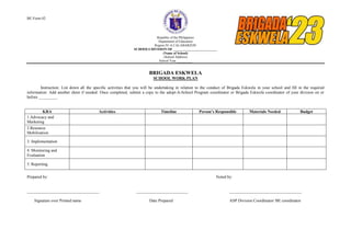 BE Form 02
Republic of the Philippines
Department of Education
Region IV-A CALABARZON
SCHOOLS DIVISION OF __________________________
(Name of School)
(School Address)
School Year _________
BRIGADA ESKWELA
SCHOOL WORK PLAN
Instruction: List down all the specific activities that you will be undertaking in relation to the conduct of Brigada Eskwela in your school and fill in the required
information. Add another sheet if needed. Once completed, submit a copy to the adopt-A-School Program coordinator or Brigada Eskwela coordinator of your division on or
before _________.
KRA Activities Timeline Person’s Responsible Materials Needed Budget
1.Advocacy and
Marketing
2.Resource
Mobilization
3. Implementation
4. Monitoring and
Evaluation
5. Reporting
Prepared by: Noted by:
___________________________________ _________________________ ___________________________________
Signature over Printed name Date Prepared ASP Division Coordinator/ BE coordinator
 