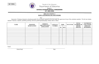Republic of the Philippines
Department of Education
Region I
SCHOOLS DIVISION OFFICE I PANGASINAN
S.Y. 2023-2024
BE FORM 4
BRIGADA ESKWELA
DAILY ATTENDANCE OF VOLUNTEERS
Date: ____________________________
Instruction: Volunteers themselves should personally fill in the details required by this form under the supervision of any of the committee members. “For the last column,
indicate if masonry, carpentry, plumbing, painting, electrical, gardening/landscaping, ordinary labor or others.
NAME POSITION/
DESIGNATION
ADDRESS/
ORGANIZATION/
AFFILIATION
CONTACT
NUMBER
TIME SIGNATURE
TOTAL
NUMBERS OF
HOURS
SERVED
NATURE OF
VOLUNTEER
SERVICES
RENDERED
IN OUT
Noted:
___________________________________________ _________________________________
School Head Date
 