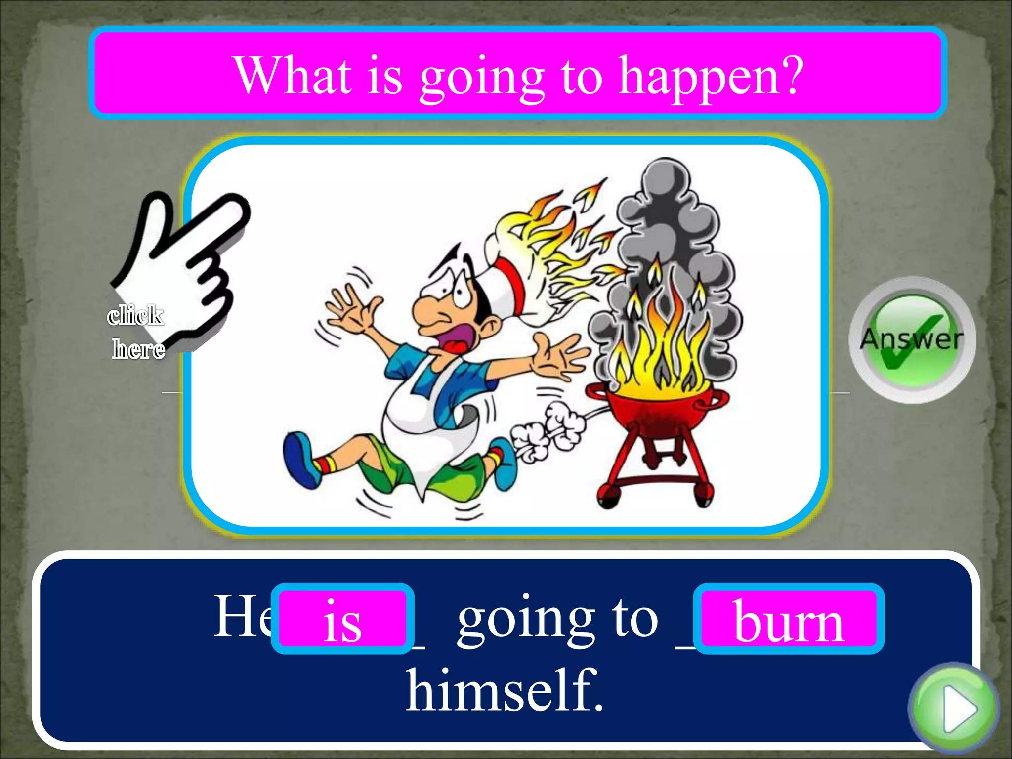 He ____ going to ____
himself.
is burn
What is going to happen?
 