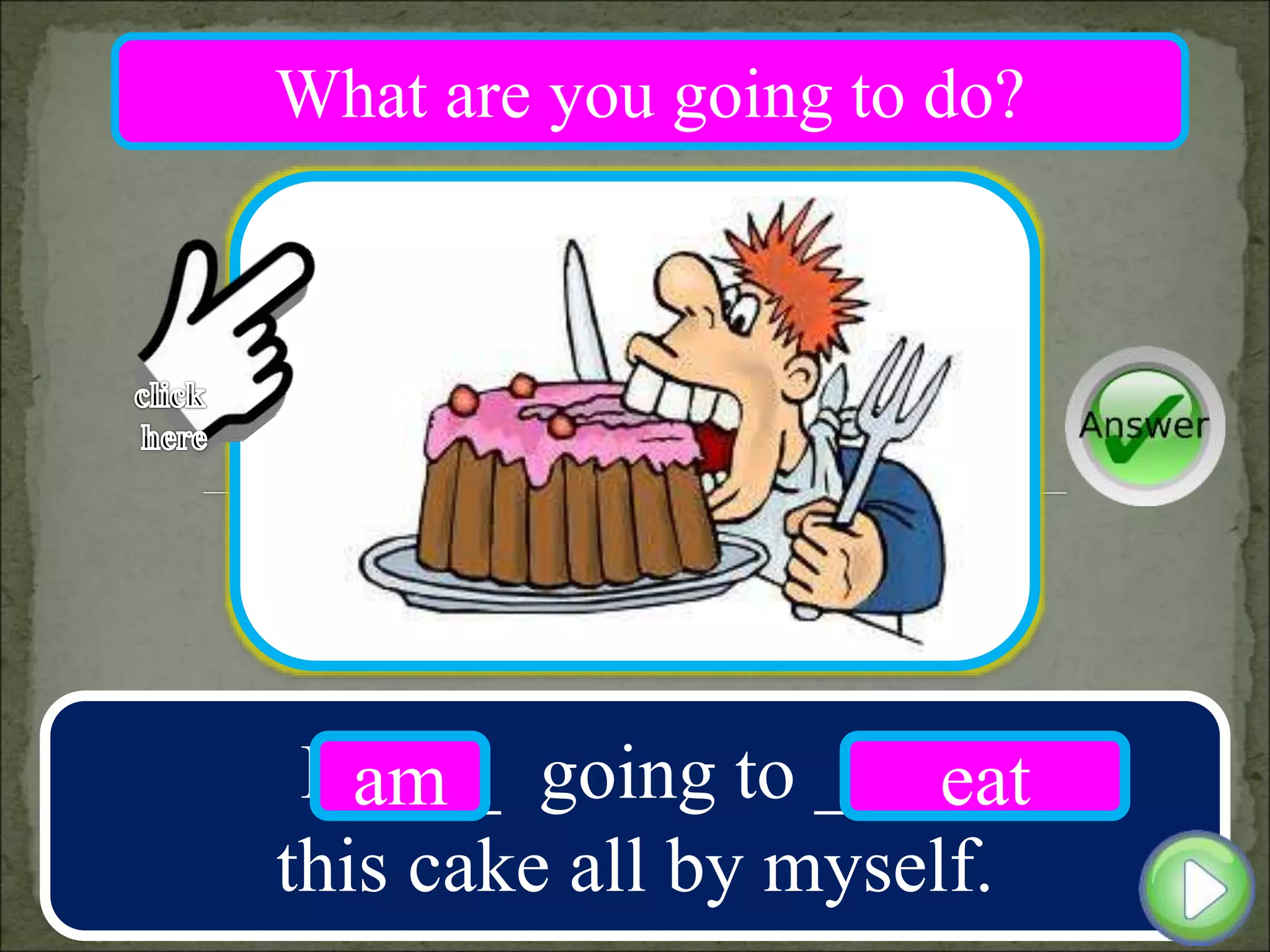 I ____ going to ____
this cake all by myself.
am eat
What are you going to do?
 