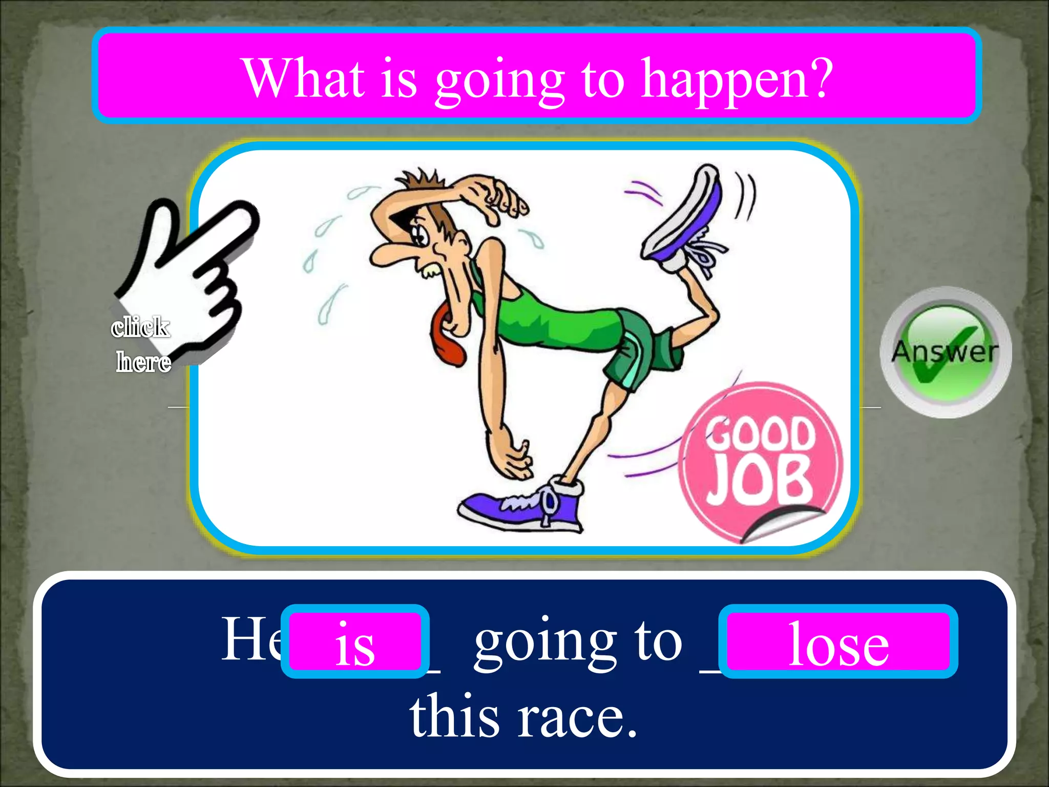 He ____ going to ____
this race.
is lose
What is going to happen?
 