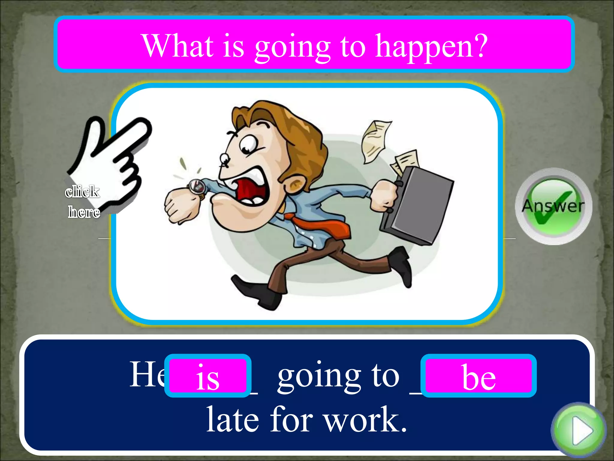 He ____ going to ____
late for work.
is be
What is going to happen?
 