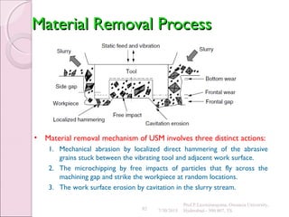 82
Material Removal ProcessMaterial Removal Process
• Material removal mechanism of USM involves three distinct actions:
1. Mechanical abrasion by localized direct hammering of the abrasive
grains stuck between the vibrating tool and adjacent work surface.
2. The microchipping by free impacts of particles that fly across the
machining gap and strike the workpiece at random locations.
3. The work surface erosion by cavitation in the slurry stream.
7/30/2015
Prof.P.Laxminarayana, Osmania University,
Hyderabad - 500 007, TS
 