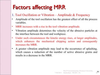 86
Factors affecting MRRFactors affecting MRR
1. Tool Oscillation or Vibration – Amplitude & Frequency
• Amplitude of the tool oscillation has the greatest effect of all the process
variables.
• MRR increases with a rise in the tool vibration amplitude.
• Vibration amplitude determines the velocity of the abrasive particles at
the interface between the tool and workpiece.
• Under such circumstances the kinetic energy rises, at larger amplitudes,
which enhances the mechanical chipping action and consequently
increases the MRR.
• A greater vibration amplitude may lead to the occurrence of splashing,
which causes a reduction of the number of active abrasive grains and
results in a decrease in the MRR.
7/30/2015 86
Prof.P.Laxminarayana, Osmania University,
Hyderabad - 500 007, TS
 