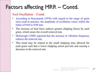 87
Factors affecting MRR – Contd.Factors affecting MRR – Contd.
Tool Oscillation – Contd.
• According to Kaczmarek (1976) with regard to the range of grain
sizes used in practice, the amplitude of oscillation varies within the
limits of 0.04 to 0.08 mm.
• The increase of feed force induces greater chipping forces by each
grain, which raises the overall removal rate.
• McGeough (1988) reported that the increase in vibration frequency
reduces the removal rate.
• This trend may be related to the small chipping time allowed for
each grain such that a lower chipping action prevails and causing a
decrease in the removal rate.
7/30/2015 87
Prof.P.Laxminarayana, Osmania University,
Hyderabad - 500 007, TS
 