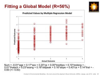 Fitting a Global Model (R=56%)




Num = -0.01*age + 0.17*sex + 0.20*cp + 0.00*trestbps + 0.10*restecg + -
0.01*thalach + 0.23*exang + 0.18*oldpeak + 0.16*slope + 0.43*ca + 0.14*thal + -
0.60 (+/- 0.83)
                 Context in Environmental Modelling - the room around the elephant, Bruce Edmonds, iEMSs, Leipzig, July 2012, slide 40
 