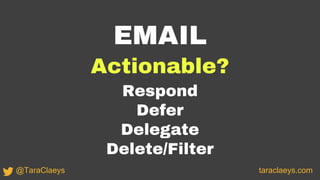 EMAIL
Actionable?
Respond
Defer
Delegate
Delete/Filter
taraclaeys.com@TaraClaeys
 