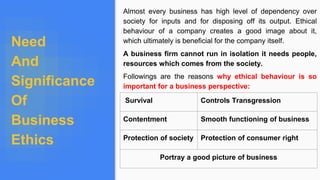 Need
And
Significance
Of
Business
Ethics
Almost every business has high level of dependency over
society for inputs and for disposing off its output. Ethical
behaviour of a company creates a good image about it,
which ultimately is beneficial for the company itself.
A business firm cannot run in isolation it needs people,
resources which comes from the society.
Followings are the reasons why ethical behaviour is so
important for a business perspective:
Survival Controls Transgression
Contentment Smooth functioning of business
Protection of society Protection of consumer right
Portray a good picture of business
 