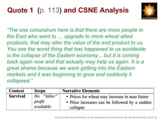 Social Context, Bruce Edmonds, Surrey Sociology Annual Conference, Barnett Hill, November t 2018, 32
Quote 1 (p. 113) and CSNE Analysis
“The one conundrum here is that there are more people in
the East who want to … upgrade to more wheat allied
products, that may alter the value of the end product to us.
You see the worst thing that has happened to us worldwide
is the collapse of the Eastern economy... but it is coming
back again now and that actually may help us again. It is a
great shame because we were getting into the Eastern
markets and it was beginning to grow and suddenly it
collapsed.”
 