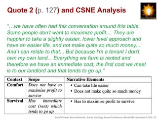 Social Context, Bruce Edmonds, Surrey Sociology Annual Conference, Barnett Hill, November t 2018, 33
Quote 2 (p. 127) and CSNE Analysis
“…we have often had this conversation around this table.
Some people don't want to maximize profit.... They are
happier to take a slightly easier, lower level approach and
have an easier life, and not make quite so much money....
And I can relate to that... But because I'm a tenant I don't
own my own land... Everything we farm is rented and
therefore we have an immediate cost, the first cost we meet
is to our landlord and that tends to go up.”
 