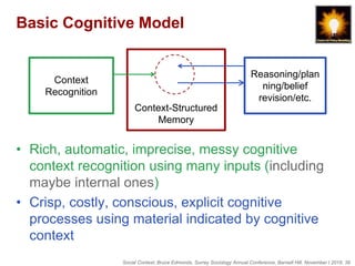 Social Context, Bruce Edmonds, Surrey Sociology Annual Conference, Barnett Hill, November t 2018, 39
Basic Cognitive Model
• Rich, automatic, imprecise, messy cognitive
context recognition using many inputs (including
maybe internal ones)
• Crisp, costly, conscious, explicit cognitive
processes using material indicated by cognitive
context
Context
Recognition
Context-Structured
Memory
Reasoning/plan
ning/belief
revision/etc.
 