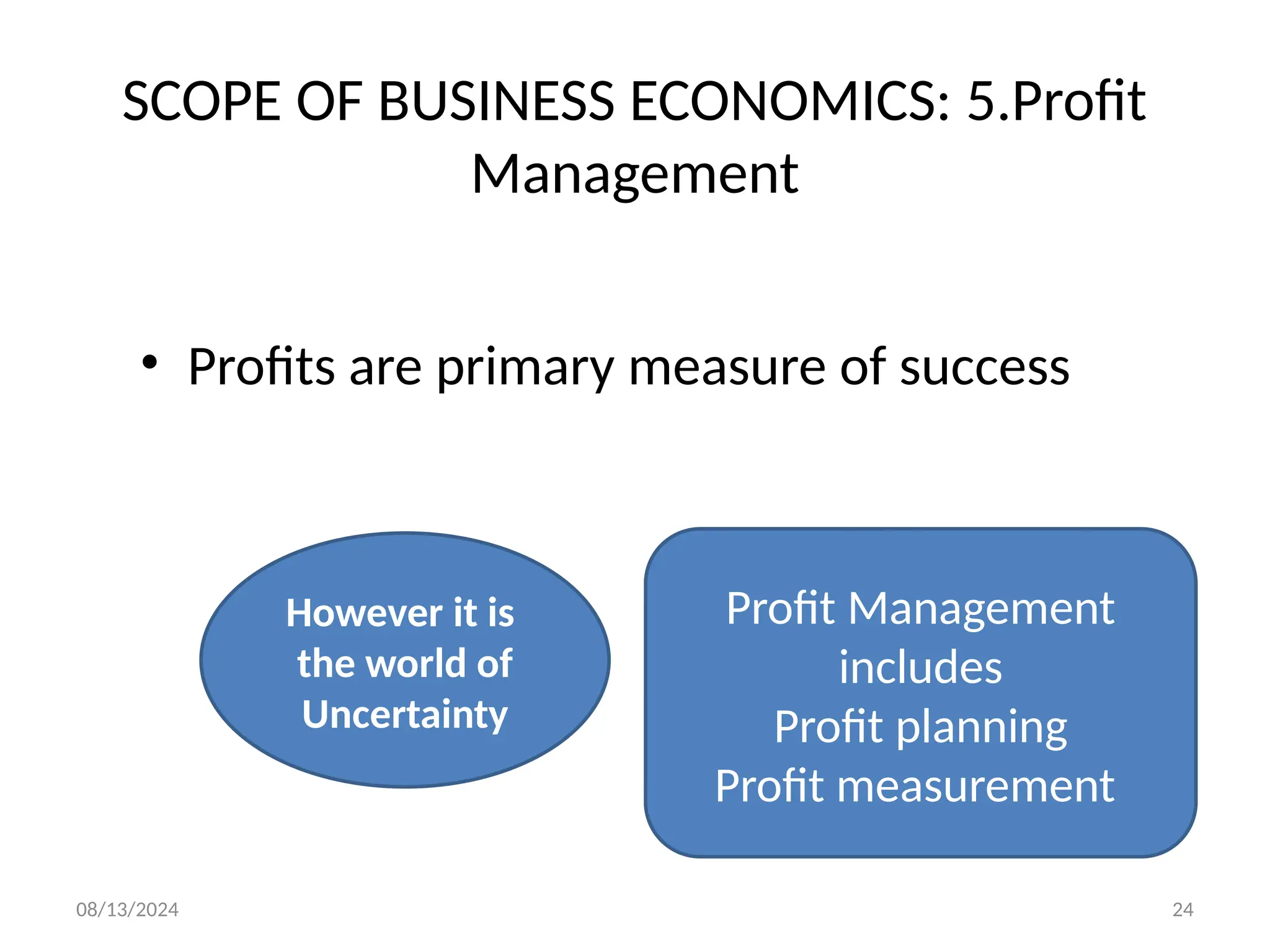08/13/2024 24
SCOPE OF BUSINESS ECONOMICS: 5.Profit
Management
• Profits are primary measure of success
However it is
the world of
Uncertainty
Profit Management
includes
Profit planning
Profit measurement
 