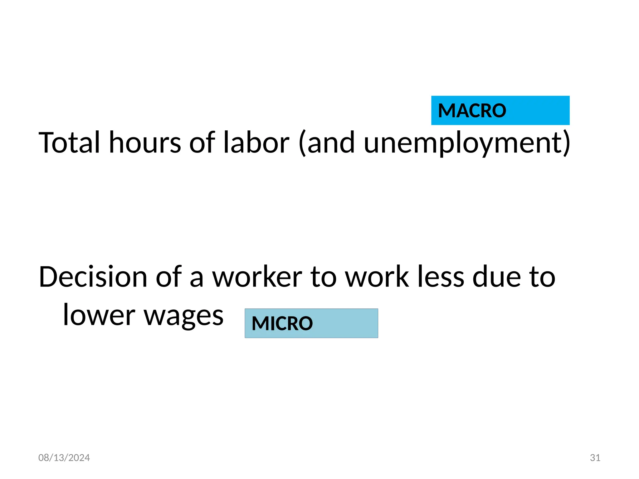 08/13/2024 31
Total hours of labor (and unemployment)
Decision of a worker to work less due to
lower wages MICRO
MACRO
 