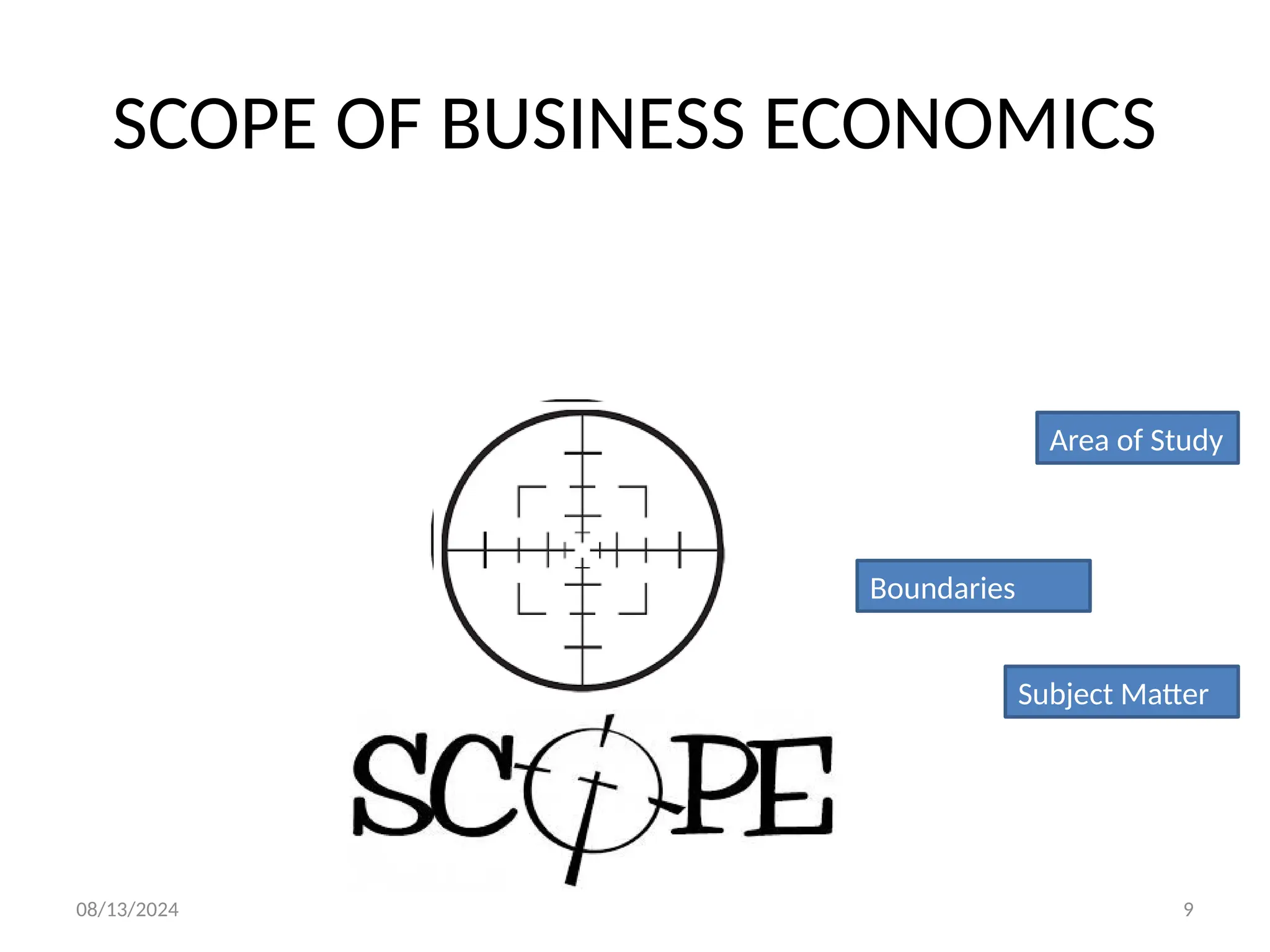 08/13/2024 9
Area of Study
SCOPE OF BUSINESS ECONOMICS
Boundaries
Subject Matter
 