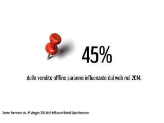 45%
                   delle vendite offline saranno influenzate dal web nel 2014.




Fonte: Forrester via JP Morgan 2011 Web Influeced Retail Sales forecast
 