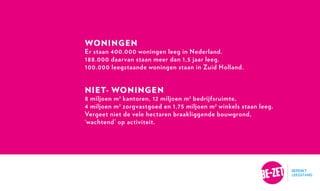 woningen 
Er staan 400.000 woningen leeg in Nederland. 
188.000 daarvan staan meer dan 1,5 jaar leeg. 
100.000 leegstaande...