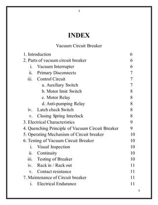 3
3
INDEX
Vacuum Circuit Breaker
1. Introduction 6
2. Parts of vacuum circuit breaker 6
i. Vacuum Interrupter 6
ii. Primary Disconnects 7
iii. Control Circuit 7
a. Auxiliary Switch 7
b. Motor limit Switch 8
c. Motor Relay 8
d. Anti-pumping Relay 8
iv. Latch check Switch 8
v. Closing Spring Interlock 8
3. Electrical Characteristics 9
4. Quenching Principle of Vacuum Circuit Breaker 9
5. Operating Mechanism of Circuit breaker 10
6. Testing of Vacuum Circuit Breaker 10
i. Visual Inspection 10
ii. Continuity 10
iii. Testing of Breaker 10
iv. Rack in / Rack out 11
v. Contact resistance 11
7. Maintenance of Circuit breaker 11
i. Electrical Endurance 11
 