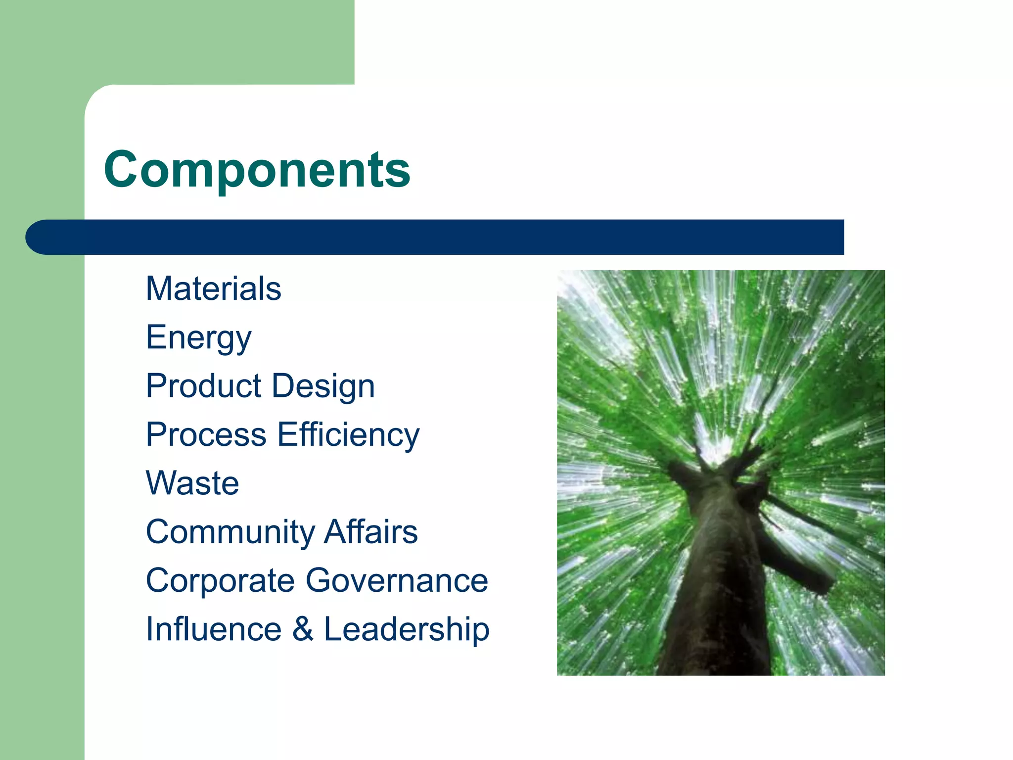Components
Materials
Energy
Product Design
Process Efficiency
Waste
Community Affairs
Corporate Governance
Influence & Leadership
 