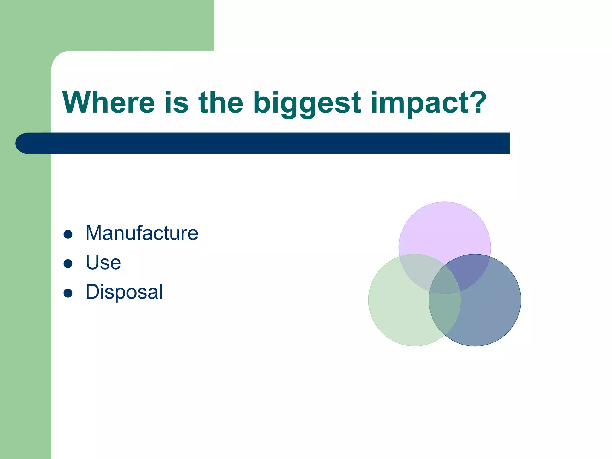 Where is the biggest impact?
 Manufacture
 Use
 Disposal
 