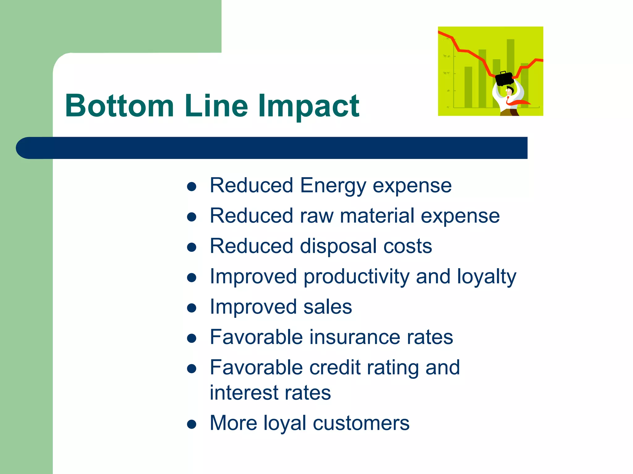 Bottom Line Impact
 Reduced Energy expense
 Reduced raw material expense
 Reduced disposal costs
 Improved productivity and loyalty
 Improved sales
 Favorable insurance rates
 Favorable credit rating and
interest rates
 More loyal customers
 