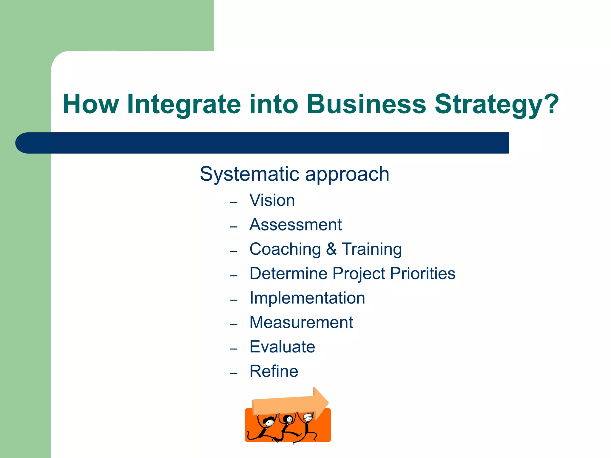 How Integrate into Business Strategy?
Systematic approach
– Vision
– Assessment
– Coaching & Training
– Determine Project Priorities
– Implementation
– Measurement
– Evaluate
– Refine
 
