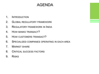 AGENDAIntroductionGlobal regulatory frameworkRegulatory framework in IndiaHow banks transact?How customers transact?Specialized companies operating in each areaMarket shareCritical success factorsRisks