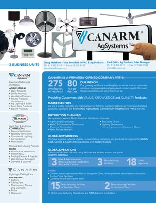 CANARM IS A PRIVATELY OWNED COMPANY WITH:
OUR MISSION
Our growing workforce is working hard to ensure that our customers
continue to enjoy exceptional service and product quality. We meet
these expectations and serve them best by:
MARKET SECTORS
We are a global marketer and manufacturer of lighting, livestock stabling, air moving and related
products, supplying the Residential, Agricultural, Commercial/ Industrial and HVAC markets.
DISTRIBUTION CHANNELS
We operate in several North American distribution channels:
GLOBAL NETWORKING
We have a global network of sales representatives marketing our products throughout the Middle
East, Central & South America, Russia and Eastern Europe.
GLOBAL OPERATIONS
Canarm offices and manufacturing facilities are located around the globe:
NORTH AMERICA
Doug Matthews - Vice President HVAC & Ag Products
Ph: 613.342.5424 | Fax: 613.342.8437
dmatthew@canarm.ca
3 BUSINESS UNITS
• Agricultural Distributors
• HVAC & Commercial Distributors
• Electrical Wholesalers
• Mass Market Retailers
• Box Store Chains
• Lighting Showrooms
• Home Improvement/Hardware Chains
275 80employees
WORLDWIDE
year
HISTORY
Providing Customers with VALUE, KNOWLEDGE and QUALITY Products
3
15
3
2
18
Sales & Administrative
offices Corporate Head Office
- Brockville, Ontario
Manufacturing facilities
in Southern China
Manufacturing
Facilities
Manufacturing Facilities
in Northern China
Sales
Agencies
CHINA
• Canarm has an operational office in Jiangmen China, which performs administration functions
for the China Facilities.
• Currently we are purchasing from:
(7 of the Manufacturing Operations are 100% Canarm production.)
COMMERCIAL
• General Ventilation
• Specialty Ventilation
• Commercial Lighting
• Air Circulation
• Mancoolers
HVAC
• Indoor Duct Ventilation
• Indoor HVAC
• Rooftop (Exhaust & Supply)
• Wall (Exhaust & Supply)
• Dampers & Louvres
HVAC PRODUC SHVAC PRODUC S
Axial Fans & Lighting
Blowers & Air Moving Products
RESIDENTIAL
• Lighting
• Ceiling Fans
• Thermostats, Timers
and Doorbells
• Bulbs
• Displayers
Lighting & Ceiling Fans
AGRICULTURAL
• Dairy Products
• Swine Products
• Ventilation Products
• Poultry Products
• Horticultural
• Ag Lighting & Bulbs
• Farm Store Products
• Equine Products
Livestock Stabling &
Ventilation
Paul Fallis - Ag Products Sales Manager
Ph: 519.848.3910 | Fax: 519.848.3948
pfallis@canarm.ca
 