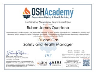 288625-Oil and Gas-Safety and Health Manager Certificate-Ruben Quartana