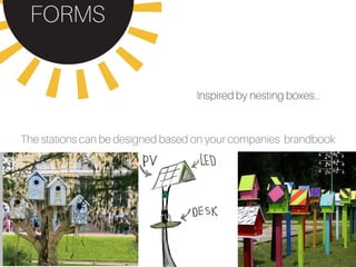 FORMS
The stations can be designed based on your companies brandbook
Inspired by nesting boxes...
 