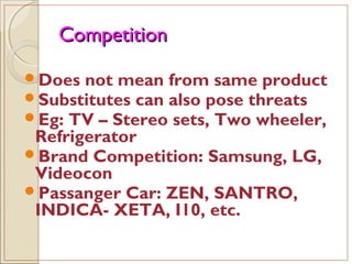 CompetitionCompetition
Does not mean from same product
Substitutes can also pose threats
Eg: TV – Stereo sets, Two wheeler,
Refrigerator
Brand Competition: Samsung, LG,
Videocon
Passanger Car: ZEN, SANTRO,
INDICA- XETA, I10, etc.
 