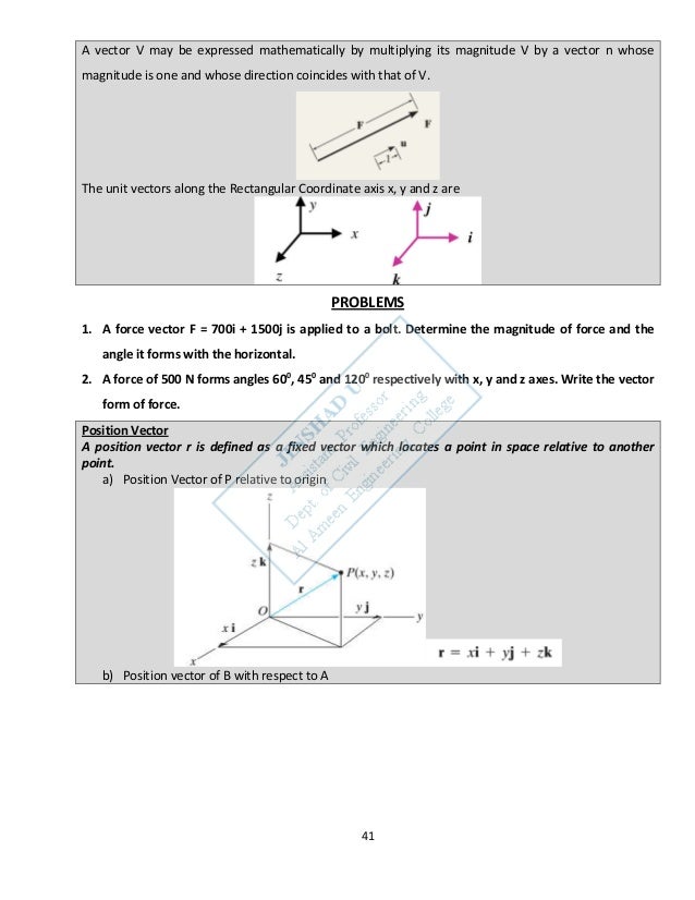 ktu be 100 engineering mechanics using the dimensions in the figure find the position vector from a to b in component form