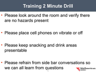 • Please look around the room and verify there
are no hazards present
• Please place cell phones on vibrate or off
• Please keep snacking and drink areas
presentable
• Please refrain from side bar conversations so
we can all learn from questions
Training 2 Minute Drill
3
 