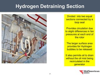Hydrogen Detraining Section
37
Divided into two equal
sections connected by a
loop seal
Provides circulation due
to slight differences in fan
pressures at each end of
the rotor
The larger surface area
provides for Hydrogen
bubbles to be released
It also permits oil to drain
without the oil mist being
recirculated in the
generator
 