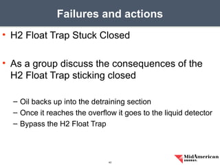 • H2 Float Trap Stuck Closed
• As a group discuss the consequences of the
H2 Float Trap sticking closed
– Oil backs up into the detraining section
– Once it reaches the overflow it goes to the liquid detector
– Bypass the H2 Float Trap
Failures and actions
43
 
