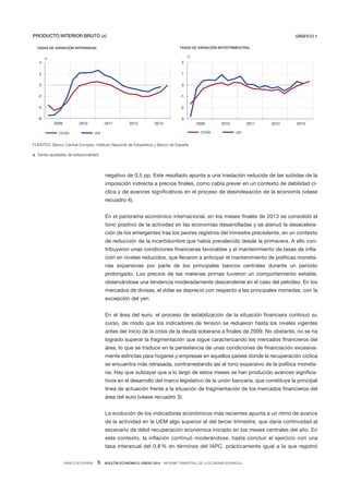 PRODUCTO INTERIOR BRUTO (a)

GRÁFICO 1
TASAS DE VARIACIÓN INTERTRIMESTRAL

TASAS DE VARIACIÓN INTERANUAL

%

%

4

2

2

1

0

0

-2

-1

-4

-2

-6

-3
2009

2010

ESPAÑA

2011

2012

2013

2009
ESPAÑA

UEM

2010

2011

2012

2013

UEM

FUENTES: Banco Central Europeo, Instituto Nacional de Estadística y Banco de España.
a Series ajustadas de estacionalidad.

negativo de 0,5 pp. Este resultado apunta a una traslación reducida de las subidas de la
imposición indirecta a precios finales, como cabía prever en un contexto de debilidad cíclica y de avances significativos en el proceso de desindexación de la economía (véase
recuadro 4).
En el panorama económico internacional, en los meses finales de 2013 se consolidó el
tono positivo de la actividad en las economías desarrolladas y se atenuó la desaceleración de los emergentes tras los peores registros del trimestre precedente, en un contexto
de reducción de la incertidumbre que había prevalecido desde la primavera. A ello contribuyeron unas condiciones financieras favorables y el mantenimiento de tasas de inflación en niveles reducidos, que llevaron a anticipar el mantenimiento de políticas monetarias expansivas por parte de los principales bancos centrales durante un período
prolongado. Los precios de las materias primas tuvieron un comportamiento estable,
observándose una tendencia moderadamente descendente en el caso del petróleo. En los
mercados de divisas, el dólar se depreció con respecto a las principales monedas, con la
excepción del yen.
En el área del euro, el proceso de estabilización de la situación financiera continuó su
curso, de modo que los indicadores de tensión se redujeron hasta los niveles vigentes
antes del inicio de la crisis de la deuda soberana a finales de 2009. No obstante, no se ha
logrado superar la fragmentación que sigue caracterizando los mercados financieros del
área, lo que se traduce en la persistencia de unas condiciones de financiación excesivamente estrictas para hogares y empresas en aquellos países donde la recuperación cíclica
se encuentra más retrasada, contrarrestando así el tono expansivo de la política monetaria. Hay que subrayar que a lo largo de estos meses se han producido avances significativos en el desarrollo del marco legislativo de la unión bancaria, que constituye la principal
línea de actuación frente a la situación de fragmentación de los mercados financieros del
área del euro (véase recuadro 3).
La evolución de los indicadores económicos más recientes apunta a un ritmo de avance
de la actividad en la UEM algo superior al del tercer trimestre, que daría continuidad al
escenario de débil recuperación económica iniciado en los meses centrales del año. En
este contexto, la inflación continuó moderándose, hasta concluir el ejercicio con una
tasa interanual del 0,8 % en términos del  IAPC, prácticamente igual a la que registró
BANCO DE ESPAÑA

5

BOLETÍN ECONÓMICO, ENERO 2014 INFORME TRIMESTRAL DE LA ECONOMÍA ESPAÑOLA

 
