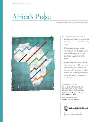 A P R I L 2 0 1 6 | V O L U M E 1 3
An analysis of issues shaping Africa’s economic future
This document was produced by
the Office of the Chief Economist
for the Africa region
u
	 Growth will remain lackluster in
Sub-Saharan Africa in 2016, weighed
down by low and volatile commodity
prices.
u
	 Addressing growing economic
vulnerabilities and developing new
sources of sustainable, inclusive
growth are key priorities for the
region.
u
	 Africa’s rapid urbanization offers a
potential springboard for economic
diversification. But building cities
that work will require reforming land
markets and urban regulations, and
coordinating early infrastructure
investments.
AFRICA’S PULSE TEAM:
Punam Chuhan-Pole (Team Lead),
Cesar Calderon, Gerard Kambou,
Sebastien Boreux, Mapi M. Buitano,
Vijdan Korman, Megumi Kubota,
Rafael M. Lopez-Monti
With contributions from
Somik V. Lall, Paul Brenton
 